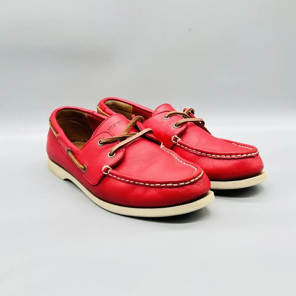 Lands' End Shoes Mens 10 Red Leather 2 Eye Boat Moc Toe Casual Comfort Nautical